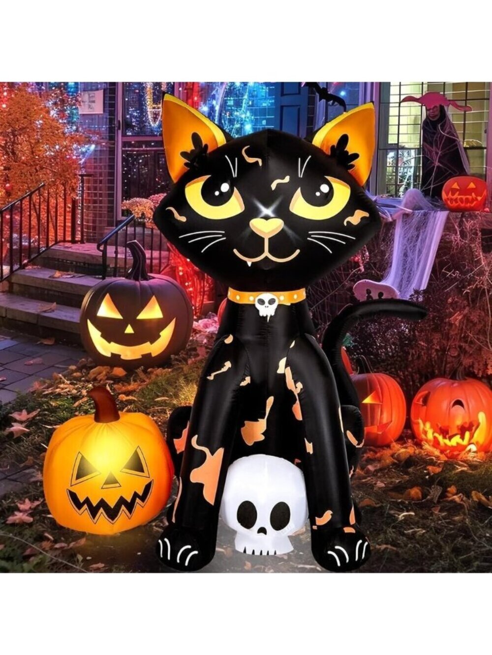 CAMULAND 1.5M Halloween Inflatable Black Cat With Pumpkin Blow Up Yard Decor